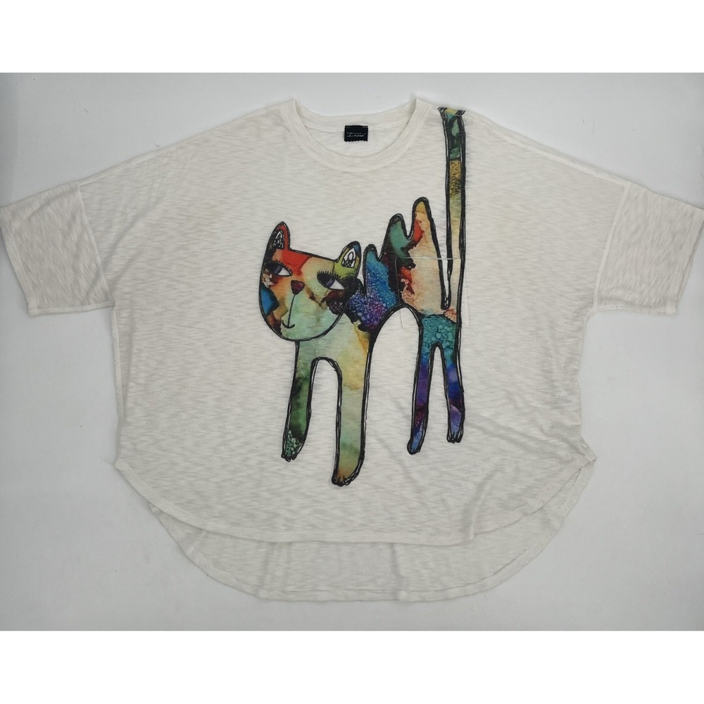 INOAH Cat Kitty Print Tee Shirt Wearable Art Womens XL  Whimsical Oversized Boho